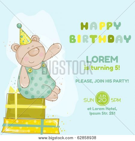 Baby Bear Birthday Card - invitation, congratulation -  in vector
