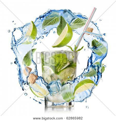 mohito - water splash with mint, lime and sugar isolated on white