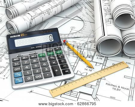 Concept of drawing. Blueprints, drafting tools and calculator. 3d