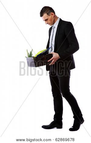 You are fired! Businessman hold box with personal belongings isolated on white background