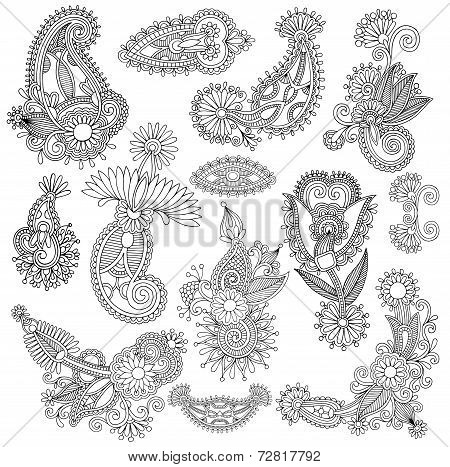 black line art ornate flower design collection, ukrainian ethnic