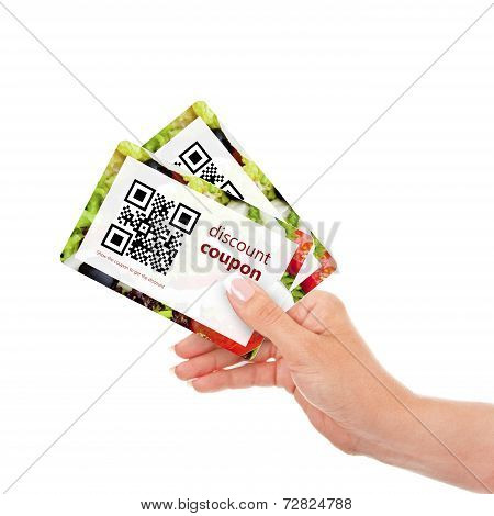 Hand Holding Two  Discount Coupons With Qr Code Isolated Over White