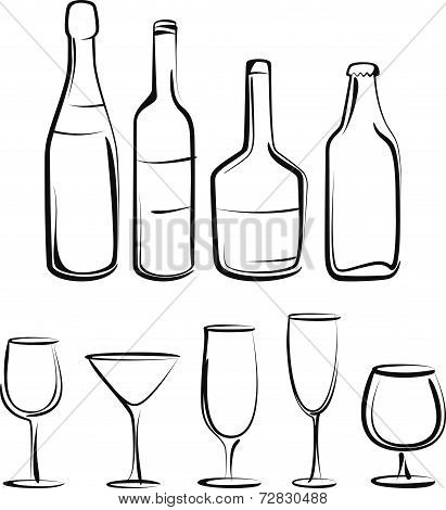 Simple illustration with bottles and glasses set