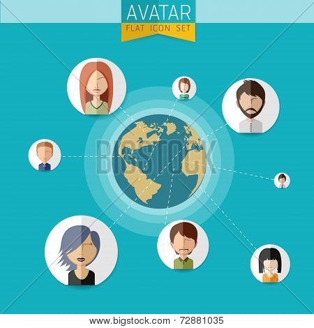 Social Network stylish Avatar Set of girls and guys and women and men connected. Vector flat design