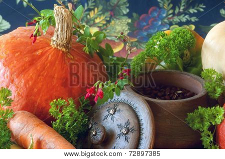 Pumpkins carrots seeds butternut squash and herbs - Still life composition with seasonal vegetables