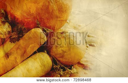 Background texture with pumpkins carrots seeds butternut squash and herbs - Still life composition w