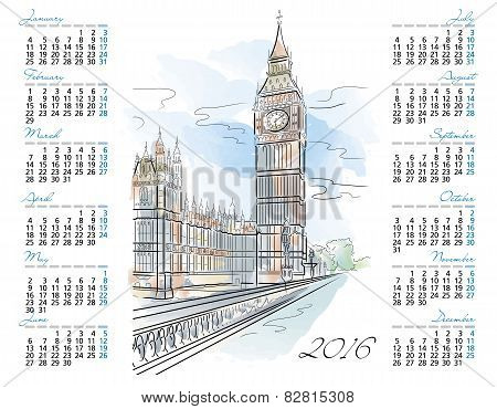 Vector template of 2016 calendar with Big Ben