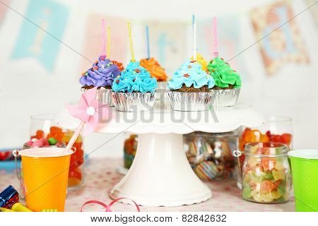 Prepared birthday table with sweets for children party