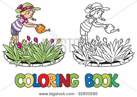 Girl watering the flowers. Coloring book