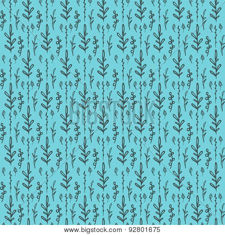 Seamless pattern on blue background with floral elements. Different branches and leaves. vector.