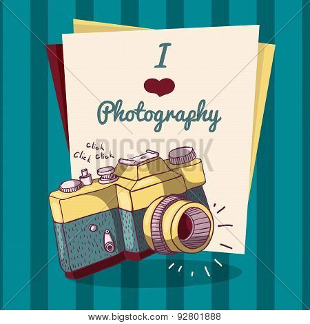 Invitation template or poster in retro style with retro camera. Place for your text. vector