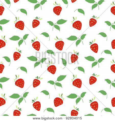 Seamless pattern with strawberries and leaves. Simple colors. Vector.