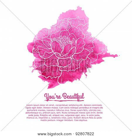 Template cards. Pink watercolor stain with a linear pattern peony. Place for your text. Vector.