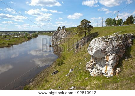 Rocky river Chusovaya in the village of Sloboda. Sverdlovsk region. Russia