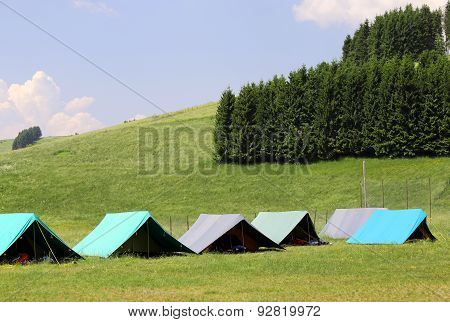 Large Tents To Sleep During The Summer Camp In The Mountain
