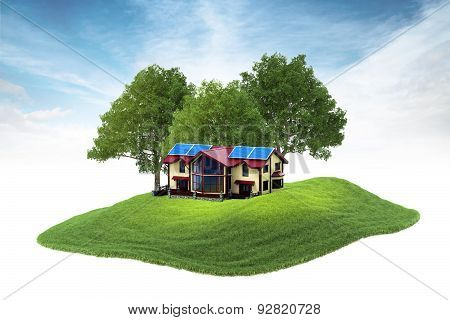 Island House With Solar Panels On The Rood Floating In The Air