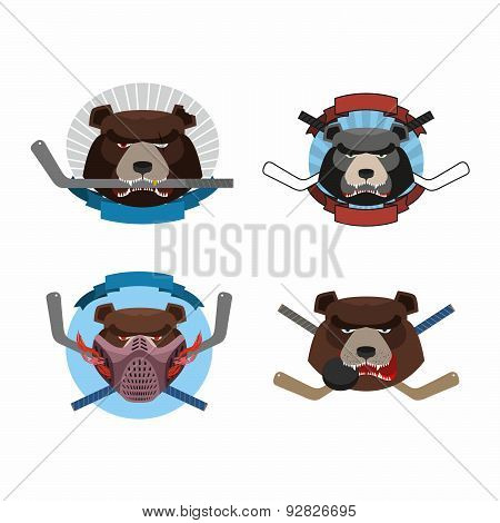 Hockey logo bear set. Muzzle animals with sticks for ice hockey team. Fierce and angry animals. Vect
