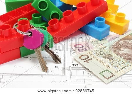 Home Keys, Colorful Building Blocks And Money On Housing Plan