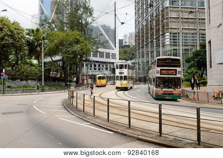 HONG KONG - JUNE 03, 2015: double-decker tram on street of HK. Hong Kong Tramways is a tram system in Hong Kong, being one of the earliest forms of public transport in the metropolis.