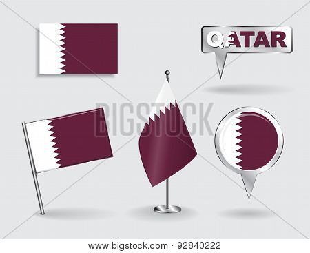 Set of Qatari pin, icon and map pointer flags. Vector