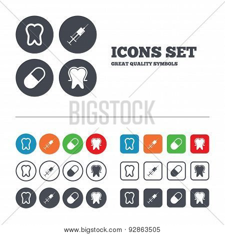 Tooth enamel icons. Medical syringe and pill.