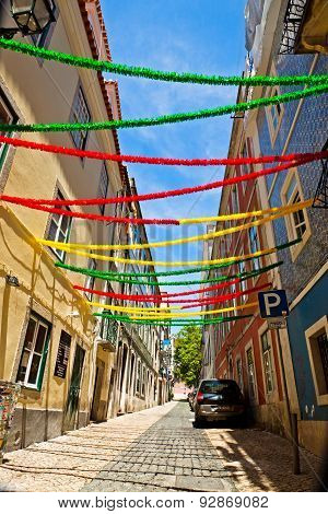 Lisbon Street With Holiday Decoration During Lisbon Festival, Portugal
