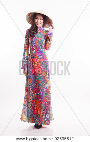 Beautiful Vietnamese Woman With Tradition Ao Dai With Modern Design And Palm-leaf Conical Hat ( Non