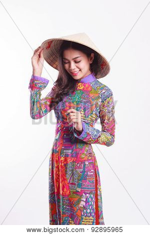 Beautiful Vietnamese Woman With Tradition Ao Dai With Modern Design And Palm-leaf Conical Hat ( Non