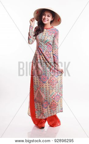 Beautiful Vietnamese Young Woman With Modern Style Ao Dai And Palm-leaf Conical Hat ( Non La ) On Wh
