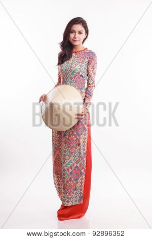Beautiful Vietnamese Young Woman With Modern Style Ao Dai And Palm-leaf Conical Hat ( Non La ) On Wh