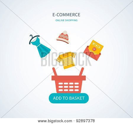 Flat vector design with e-commerce and online shopping icons and elements for mobile story.