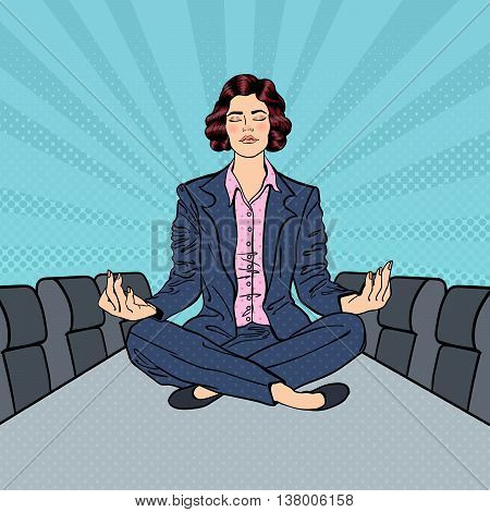 Business Woman Maditating on the Table in Conference Room. Pop Art. Vector illustration