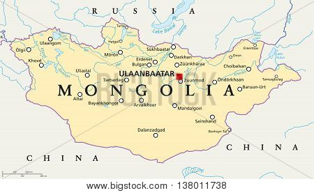 Mongolia political map with capital Ulaanbaatar, national borders, important cities, rivers and lakes. Landlocked sovereign state in East Asia, bordered to China and Russia. English labeling.
