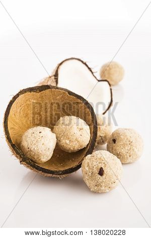 Indian favourite sweet coconut laddu or laddoo or nariyal ladu