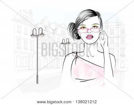 Beautiful woman in the glasses - vector illustration