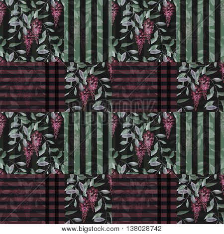 Abstract elegance patchwork seamless pattern with red glicinia flowers print