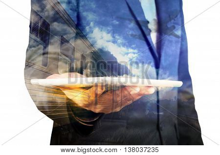 Double Exposure Of Businessman Hold Tablet And Train, Airplane