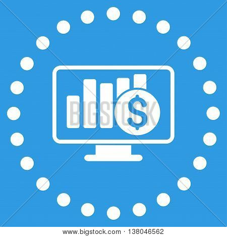 Stock Market Monitoring vector icon. Style is flat circled symbol, white color, rounded angles, blue background.