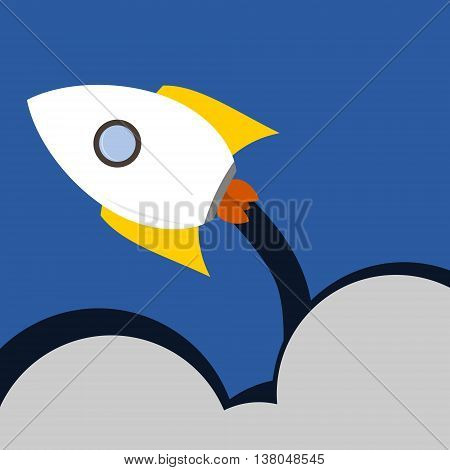 Rocket ship after launch flying above clouds in sky. Vector illustration.