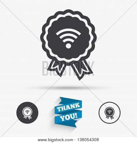Award Wifi sign. Wi-fi medal symbol. Wireless Network icon. Wifi zone. Flat icons. Buttons with icons. Thank you ribbon. Vector