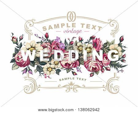 Vector wedding label with a frame composed of detailed flowers illustrations.