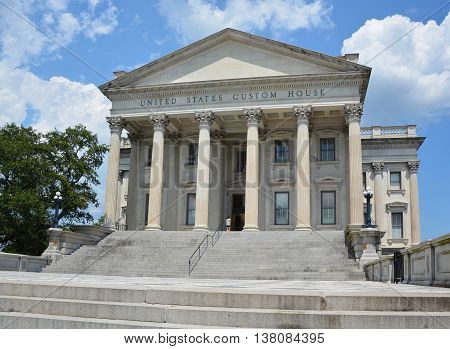 CHARLESTON SC USA 06 24 2016: U.S. Custom House. Construction began in 1853 but was interrupted in 1859 due to costs and the possibility of South Carolina's secession from the Union.