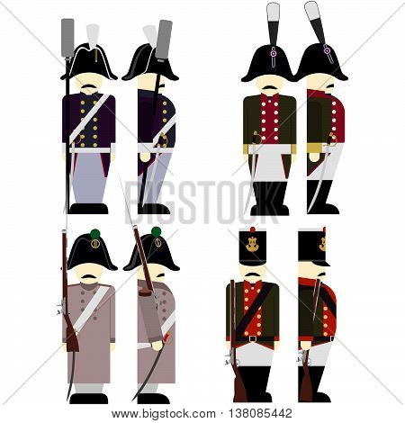 French Army soldiers in uniforms and weapons were used in the 1812 war. The illustration on a white background.