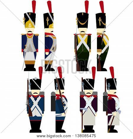 French Army soldiers in uniforms and weapons were used in the 1812 war. The illustration on a white background.