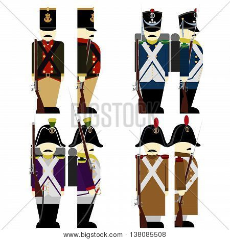 French Army soldiers in uniforms and weapons were used in the 1812 war. The illustration on a white background.