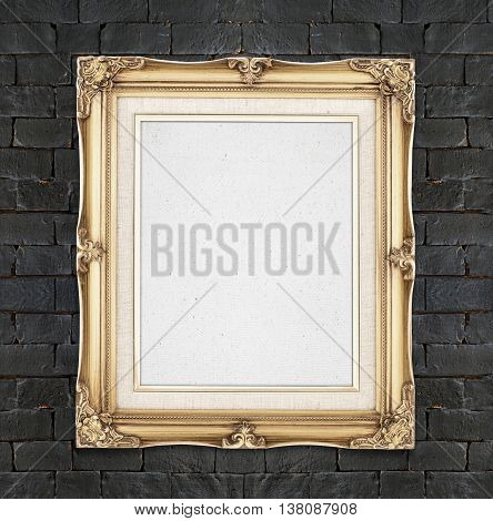 Blank Gold Color Vintage Photo Frame Hanging On Black Brick Wall,template For Adding Your Photo