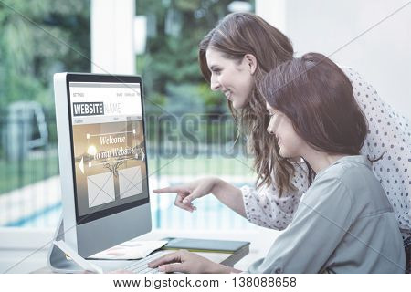 Composite image of build website interface against two beautiful woman using computer