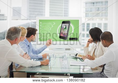 Ad of a new app against business people looking at blank whiteboard in conference room