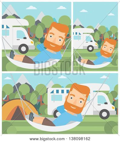 Hipster man with the beard lying in a hammock in front of motor home. Man resting in hammock and enjoying vacation in camper van. Vector flat design illustration. Square, horizontal, vertical layouts.