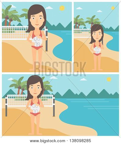 Young sports woman holding volleyball ball in hands. Sportive beach volleyball player standing at the shore with voleyball net. Vector flat design illustration. Square, horizontal, vertical layouts.